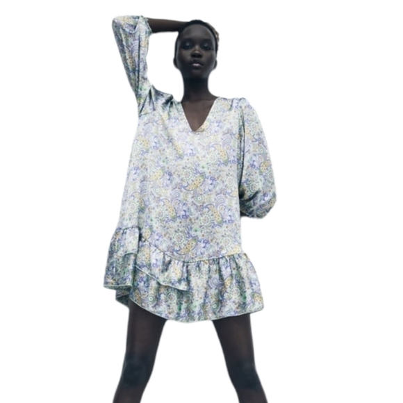 ZARA paisley printed satin effect dress ruffle NWT - Picture 2 of 6